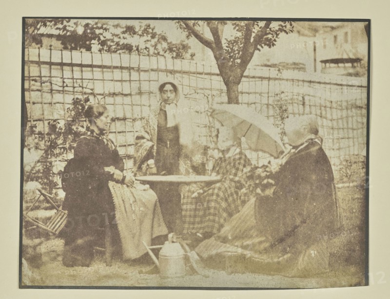 Four women seated outdoors; Hippolyte Bayard, French, 1801 - 1887, about 1840–1849; Salted paper print; 12.9 × 16.5 cm