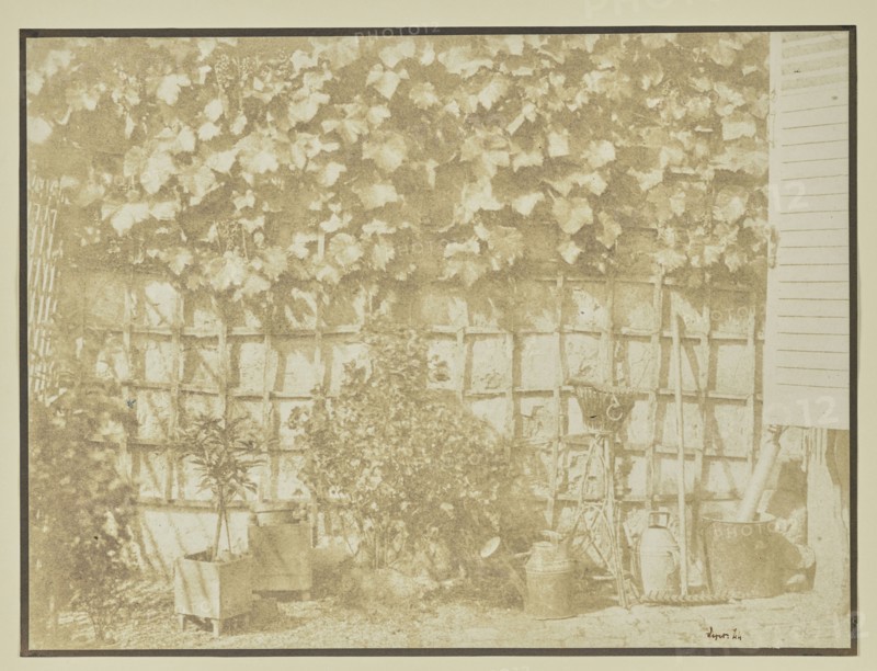 Garden wall with tools; Hippolyte Bayard, French, 1801 - 1887, September 1844; Salted paper print; 19.4 × 24.8 cm