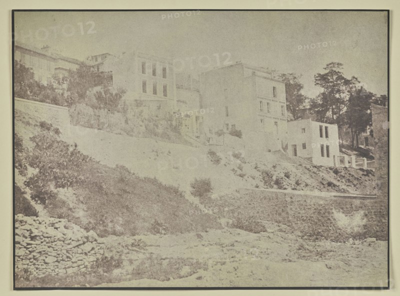 Row of houses on dirt hill; Hippolyte Bayard, French, 1801 - 1887, about 1840 - 1849; Salted paper print; 16.2 x 21.9 cm