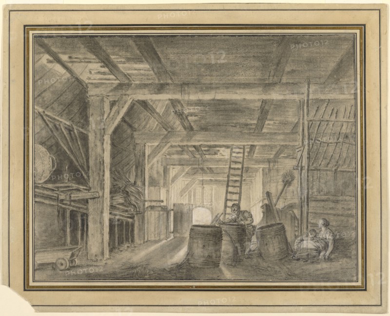 Interior of a Barn with a Family of Coopers; François Boucher, French, 1703 - 1770, France; about 1763 - 1766; Black and white