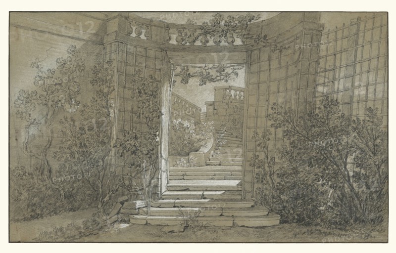 Landscape with a Stairway and Balustrade; Jean-Baptiste Oudry, French, 1686 - 1755, France; about 1744 - 1747; Black and white