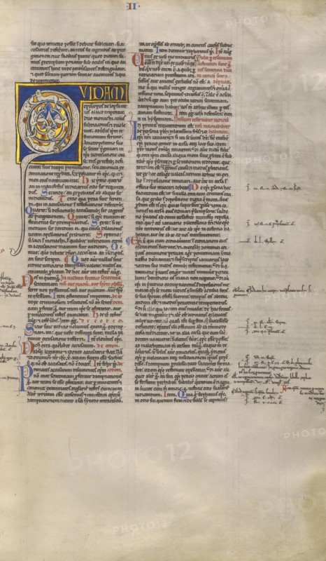 Inhabited Initial Q; Sens, or, France; about 1170 - 1180; Tempera colors, gold leaf, and ink on parchment; Leaf: 44.3 x 29.1 cm