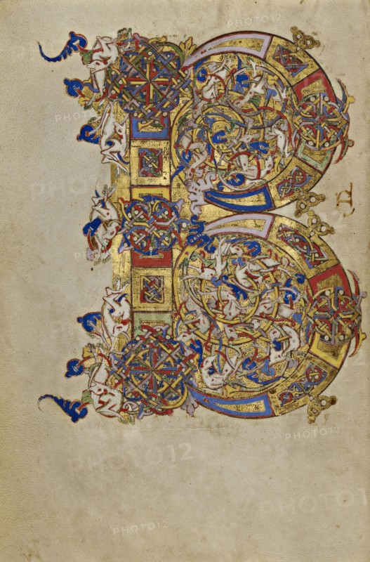 Inhabited Initial B; Montecassino, Italy; 1153; Tempera colors, gold leaf, gold paint, and ink on parchment; Leaf: 19.2 x 13.2