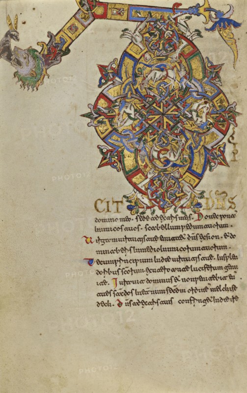 Inhabited Initial D; Montecassino, Italy; 1153; Tempera colors, gold leaf, gold paint, and ink on parchment; Leaf: 19.2 x 13.2