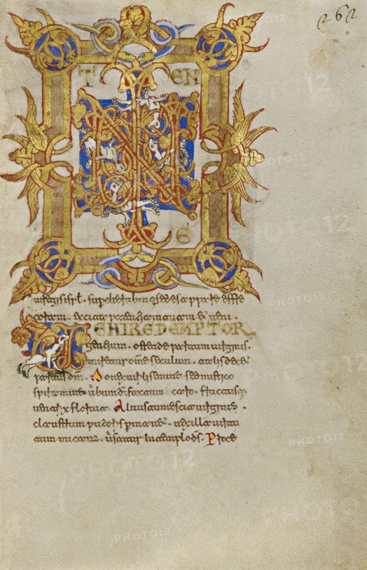 Inhabited Initials IN; Montecassino, Italy; 1153; Tempera colors, gold leaf, gold paint, and ink on parchment; Leaf: 19.2 x 13.2