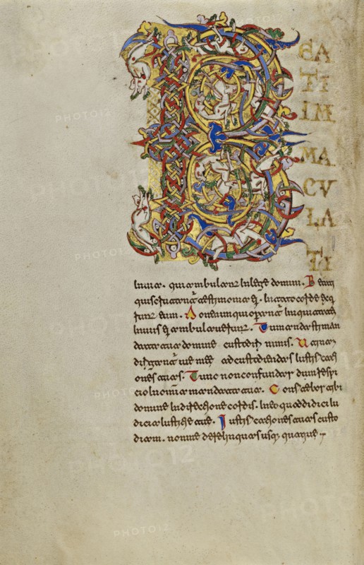 Inhabited Initial B; Montecassino, Italy; 1153; Tempera colors, gold leaf, gold paint, and ink on parchment; Leaf: 19.2 x 13.2