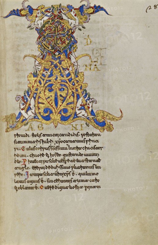Inhabited Initial A; Montecassino, Italy; 1153; Tempera colors, gold leaf, gold paint, and ink on parchment; Leaf: 19.2 x 13.2