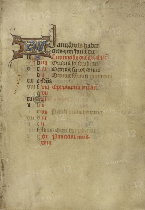 Calendar Page for January; Utrecht, probably, Netherlands; about 1405 - 1410; Tempera colors, gold leaf, and ink on parchment