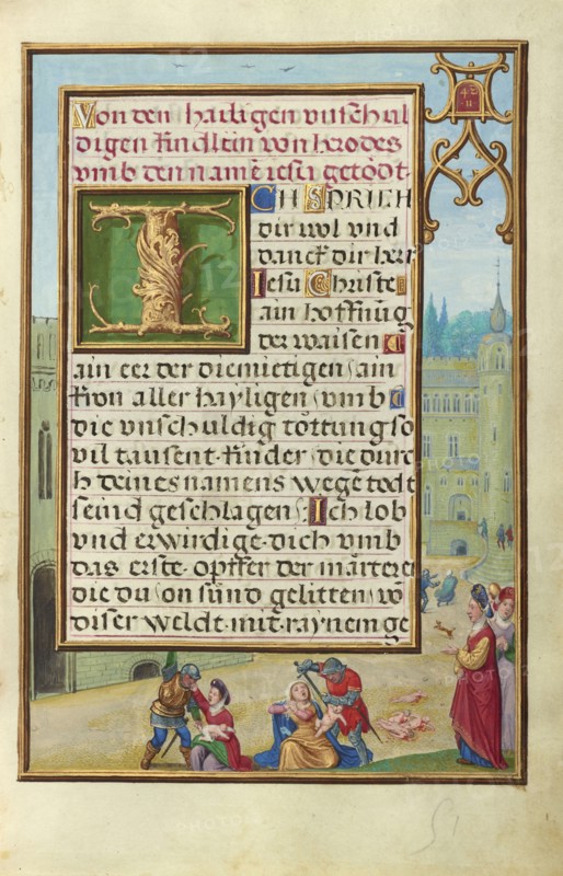 Border with Athaliah Ordering the Massacre of the King's Children; Simon Bening, Flemish, about 1483 - 1561, Bruges, Belgium
