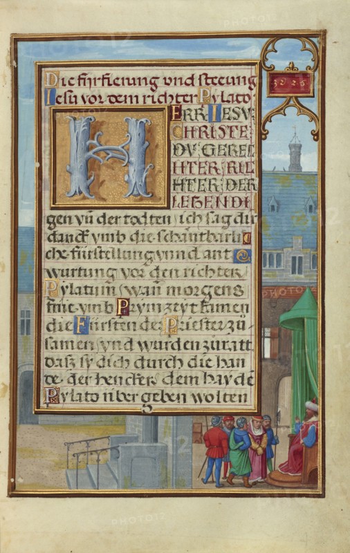 Border with a Captured Prophet before a Prince or King; Simon Bening, Flemish, about 1483 - 1561, Bruges, Belgium; about 1525
