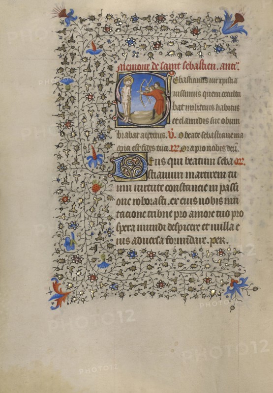 Initial S: The Martyrdom of Saint Sebastian; Paris, France; about 1420; Tempera colors, gold, and ink on parchment
