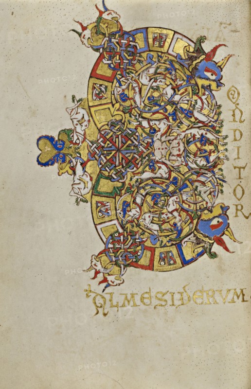 Inhabited Initial C; Montecassino, Italy; 1153; Tempera colors, gold leaf, gold paint, and ink on parchment; Leaf: 19.2 x 13.2