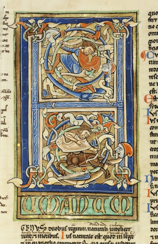 Inhabited Initial H; Sens, or, France; about 1170 - 1180; Tempera colors, gold leaf, and ink on parchment; Leaf: 44.3 x 29.1 cm