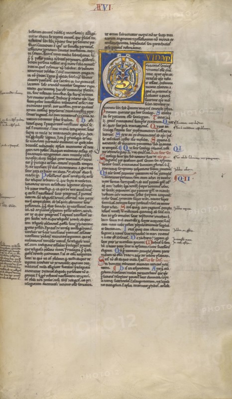 Inhabited Initial Q; Sens, or, France; about 1170 - 1180; Tempera colors, gold leaf, and ink on parchment; Leaf: 44.3 x 29.1 cm