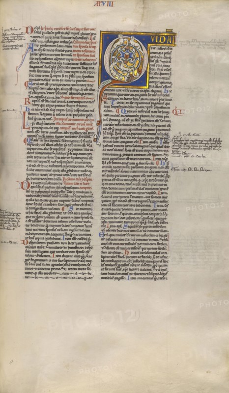 Inhabited Initial Q; Sens, or, France; about 1170 - 1180; Tempera colors, gold leaf, and ink on parchment; Leaf: 44.3 x 29.1 cm