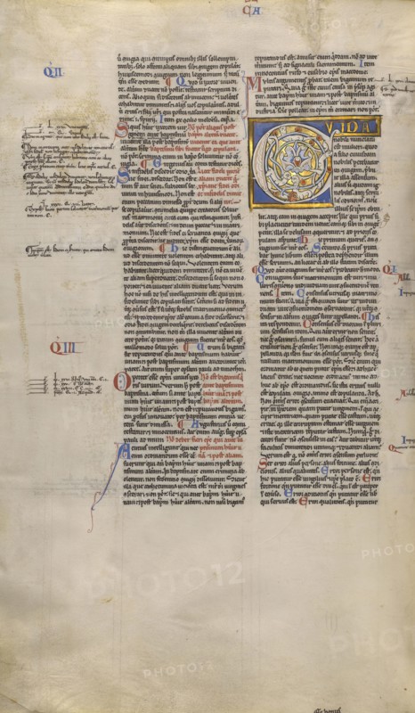 Inhabited Initial Q; Paris, France; about 1170 - 1180; Tempera colors, gold leaf, and ink on parchment; Leaf: 44.3 x 29.1 cm