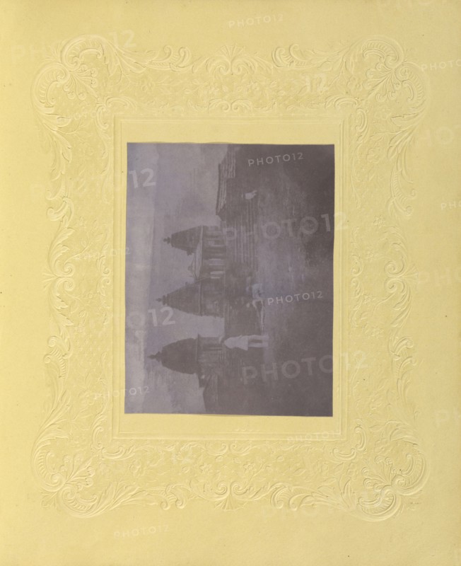 Men Before Three Temples, India; British, active India about 1843; India; 1843 - 1845; Salted paper print from a paper negative