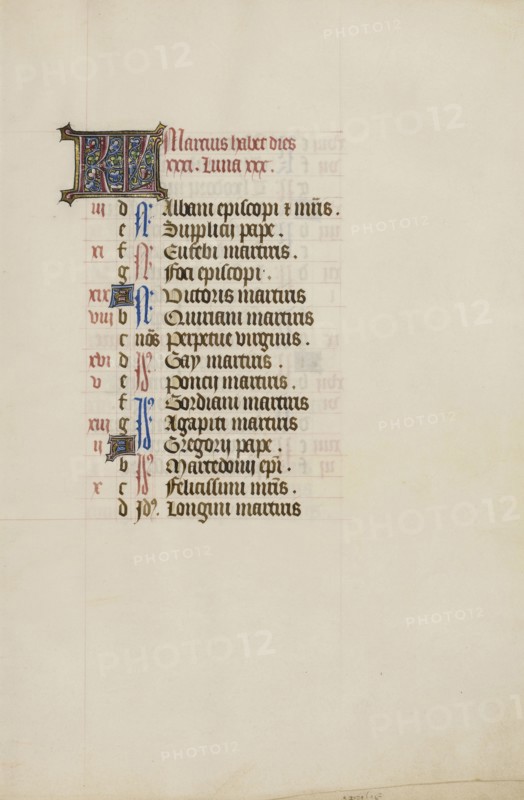 Calendar Page; Bruges, illuminated, Belgium; 1450s; Tempera colors, gold leaf, gold paint, and ink on parchment; Leaf: 26.4