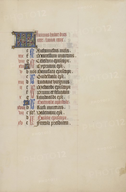 Calendar Page; Bruges, illuminated, Belgium; 1450s; Tempera colors, gold leaf, gold paint, and ink on parchment; Leaf: 26.4