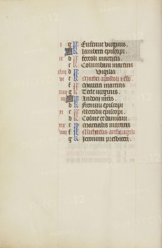 Calendar Page; Bruges, illuminated, Belgium; 1450s; Tempera colors, gold leaf, gold paint, and ink on parchment; Leaf: 26.4