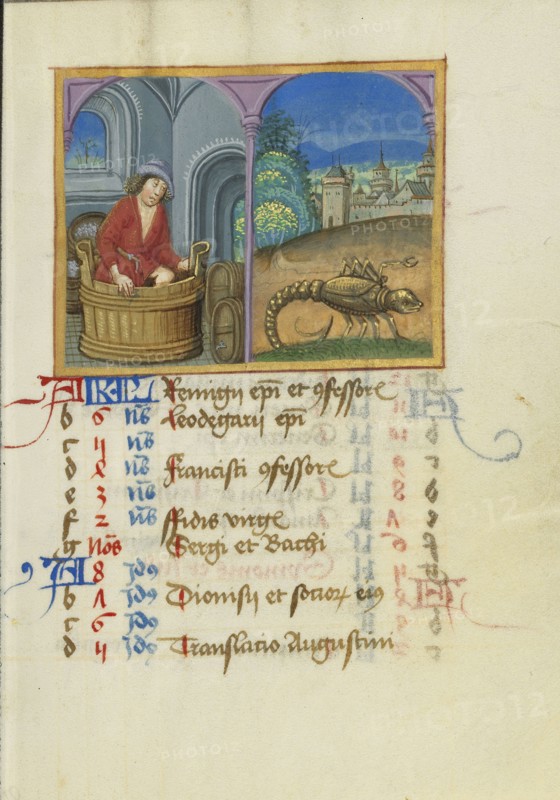 Treading Grapes; Zodiacal Sign of Scorpio; Strasbourg, France; early 16th century; Tempera colors on parchment