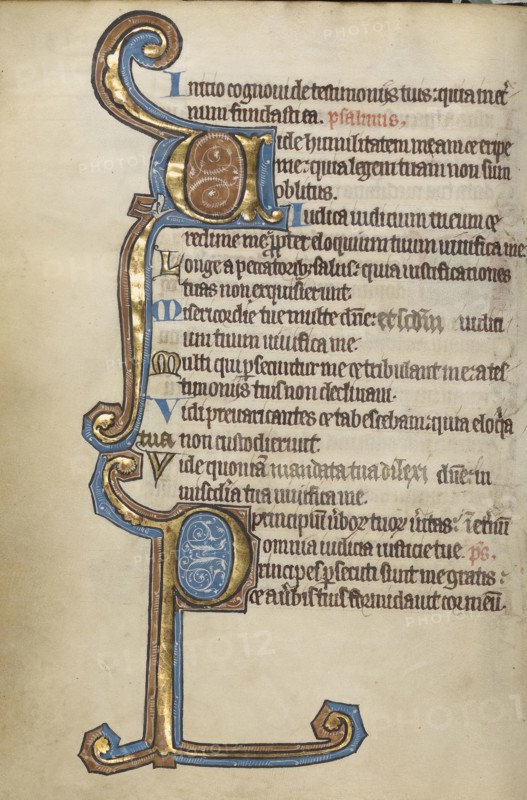 Decorated Initial V; Decorated Initial P; Bruges, possibly, Belgium; mid-1200s; Tempera colors, gold leaf, and ink on parchment