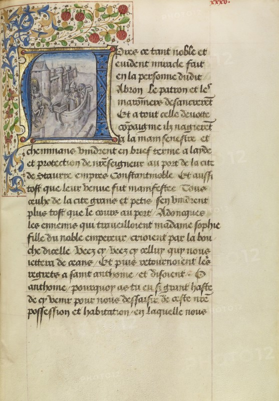 Initial A: Arrival of Ships in Constantinople; Master of the Brussels Romuléon or workshop, Flemish, active about 1465