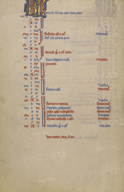 Calendar Page; Lyon, France; begun after 1234 - completed before 1262; Tempera colors and gold leaf on parchment