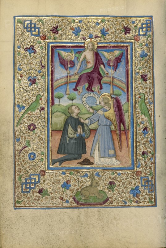 Guardian Angel with Kneeling Man; Naples, Campania, Italy; about 1460; Tempera colors, gold, and ink on parchment