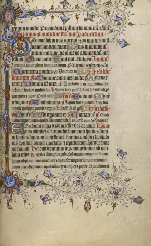 Decorated Text Page; London, England; 1420 - 1430; Tempera colors, gold leaf, gold paint, and ink on parchment