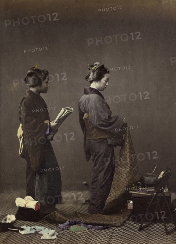 Putting on the Obi, or Girdle; Felice Beato, 1832 - 1909, Japan; 1866 - 1867; Hand-colored Albumen silver