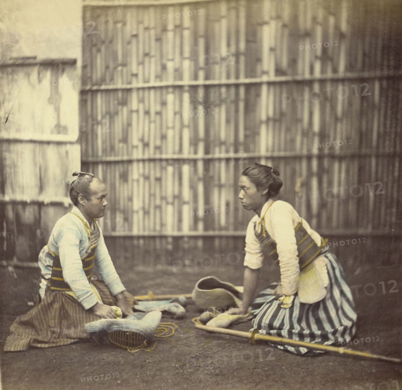 Fencers; Felice Beato, 1832 - 1909, Japan; 1866 - 1867; Hand-colored Albumen silver print