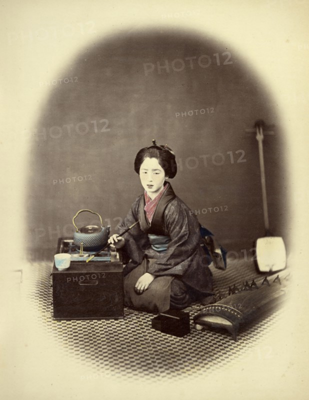 Young Lady, with Pipe; Felice Beato, 1832 - 1909, Japan; 1866 - 1867; Hand-colored Albumen silver print
