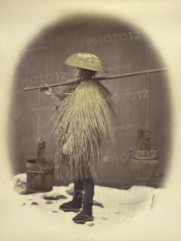 Man in a Straw Coat; Felice Beato, 1832 - 1909, Japan; 1866 - 1867; Hand-colored Albumen silver print