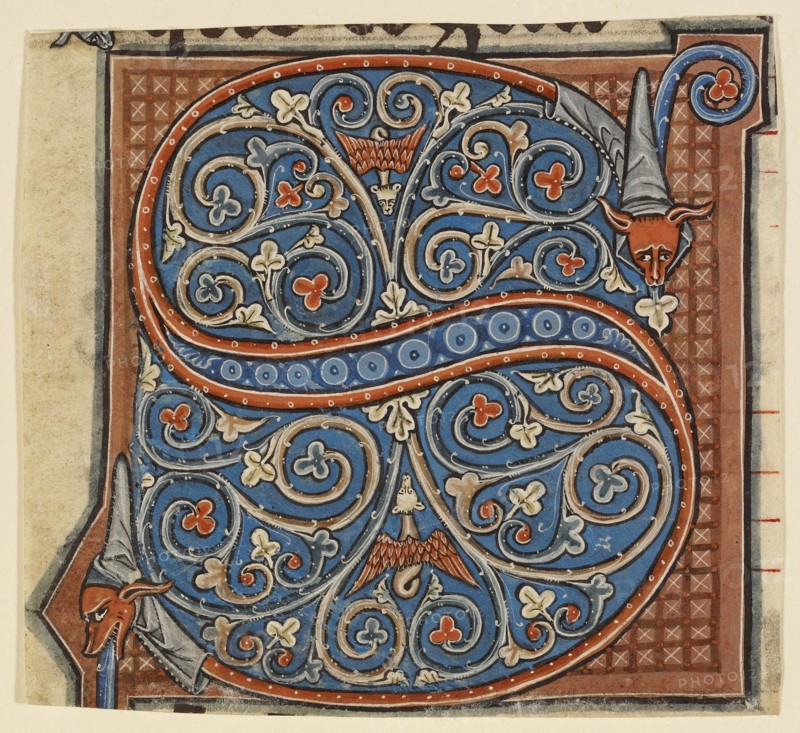 Decorated Initial S; Cambron, Belgium; about 1260 - 1270; Tempera colors on parchment; Leaf: 9 x 10 cm, 3 9,16 x 3 15,16 in
