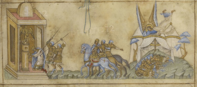 The Death of Sennacherib; Sicily, Italy; about 1300; Tempera colors and gold on parchment; Leaf: 7.3 x 17.5 cm, 2 7,8 x 6 7,8 in