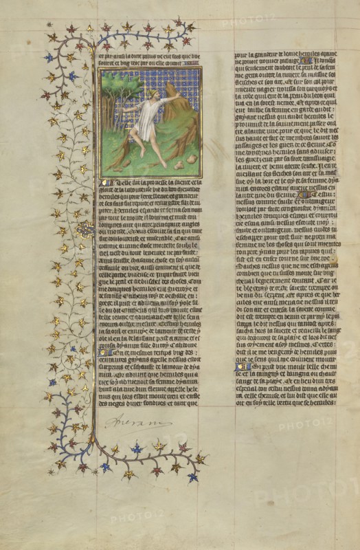 Hercules Poisoned by the Shirt of Nessus; Paris, France, Europe; about 1413 - 1415; Tempera colors, gold leaf, gold paint