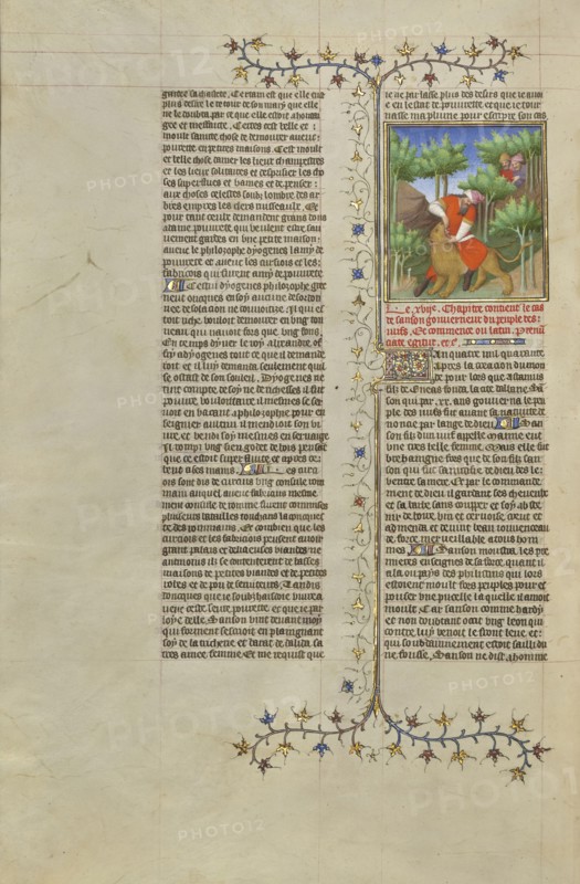 Samson and the Lion; Paris, France, Europe; about 1413 - 1415; Tempera colors, gold leaf, gold paint, and ink on parchment; Leaf