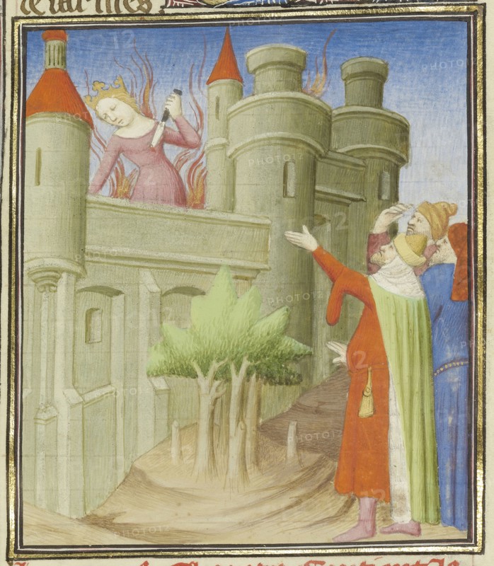 The Suicide of Queen Dido; Paris, France; about 1413 - 1415; Tempera colors, gold leaf, gold paint, and ink on parchment; Leaf