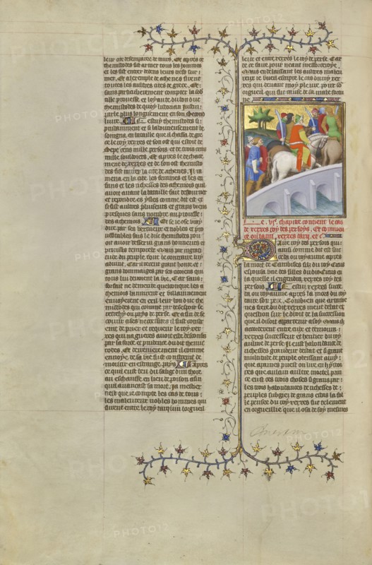 Xerxes, King of the Persians, Crosses a Bridge with His Army; Paris, France, Europe; about 1413 - 1415; Tempera colors, gold