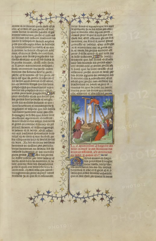 Cartalus, Hanged by Order of His Father, is Cut Down from the Gibbet; Paris, France, Europe; about 1413 - 1415; Tempera colors