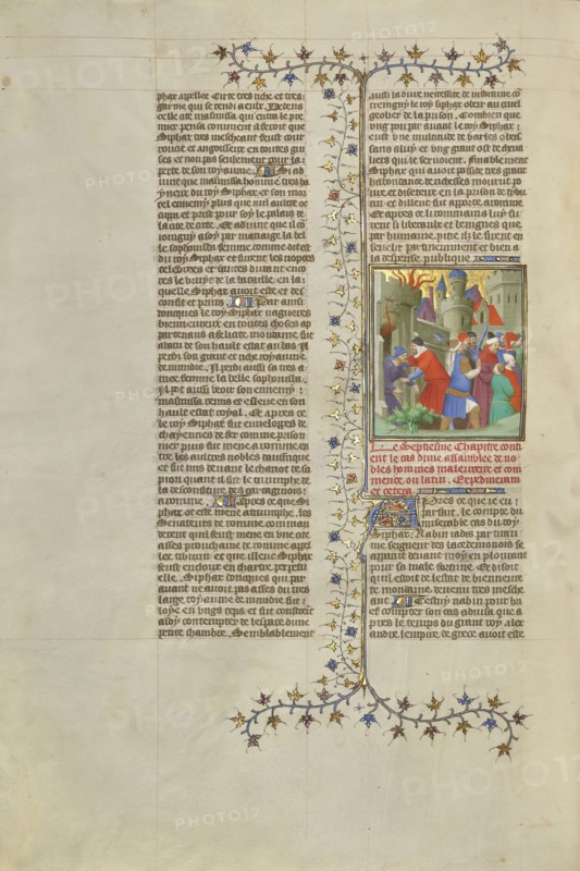 Prisoners Led from a Defeated City; Paris, France, Europe; about 1413 - 1415; Tempera colors, gold leaf, gold paint