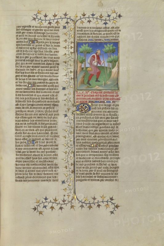 Prusias II, King of Bithynia, Reduced to Begging; Paris, France, Europe; about 1413 - 1415; Tempera colors, gold leaf, gold