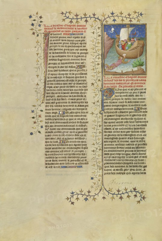 Julius Caesar, Escaping from the Island of Pharos, Swims to a Boat while Holding a Letter; Paris, France, Europe; about 1413