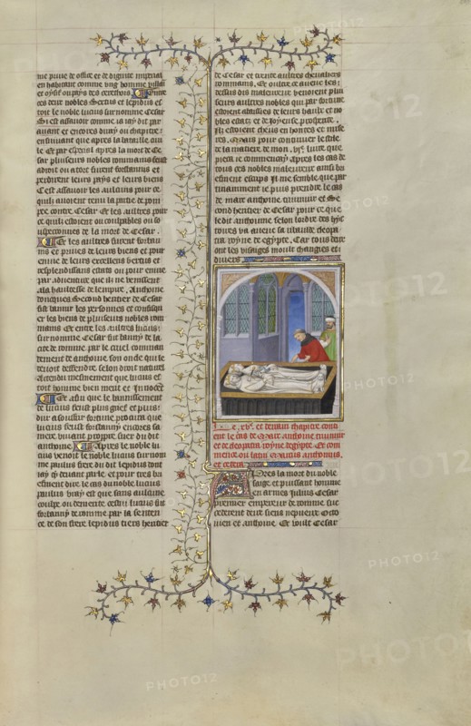 The Tomb of Marc Antony and Cleopatra; Paris, France; about 1413–1415; Tempera colors, gold leaf, gold paint, and ink