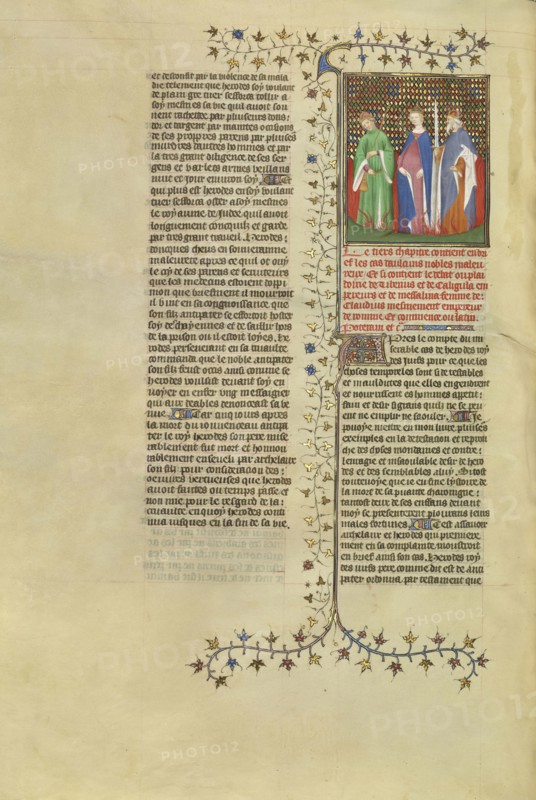 Tiberius, Messalina, and Caligula Reproach One Another in the Midst of Flames; Paris, France; about 1413–1415; Tempera colors