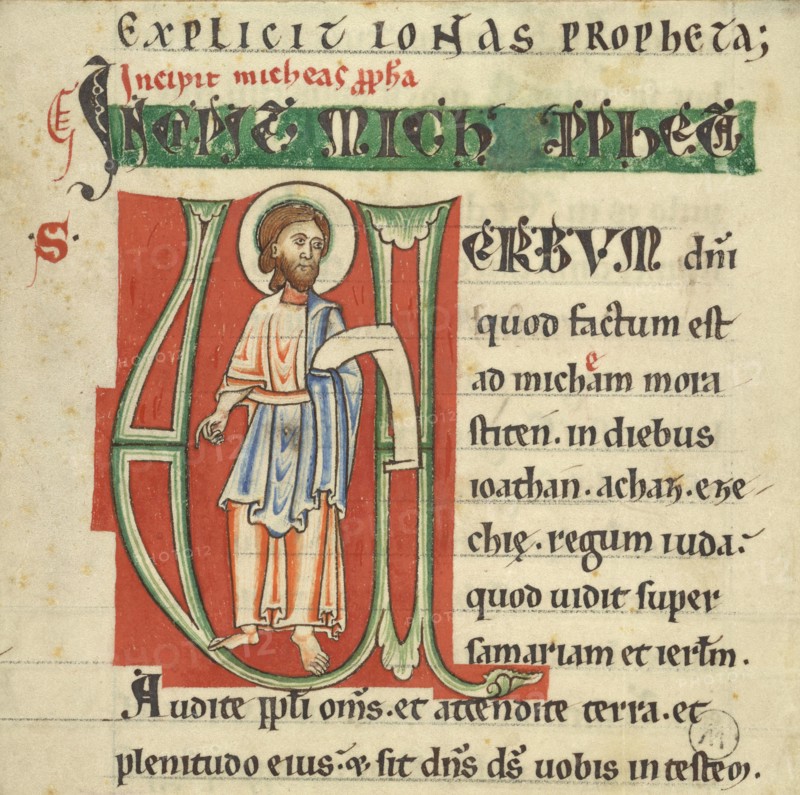 Initial V: Micah; Northeastern France, probably, France; about 1131–1165; Tempera colors and ink on parchment