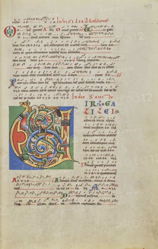 Inhabited Initial V; Hildesheim, Germany; probably 1170s; Tempera colors, gold leaf, silver leaf, and ink on parchment