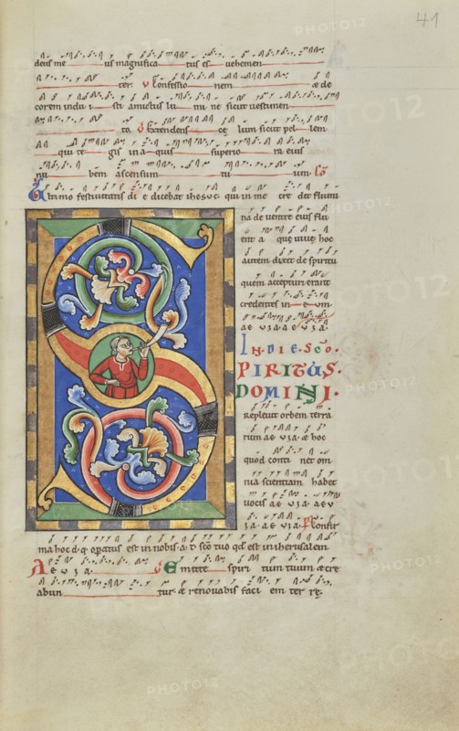 Inhabited Initial S; Hildesheim, Germany; probably 1170s; Tempera colors, gold leaf, silver leaf, and ink on parchment