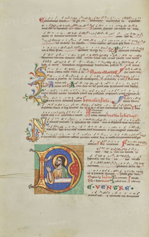 Initial D: Isaiah in Prayer; Hildesheim, Germany; probably 1170s; Tempera colors, gold leaf, silver leaf, and ink on parchment